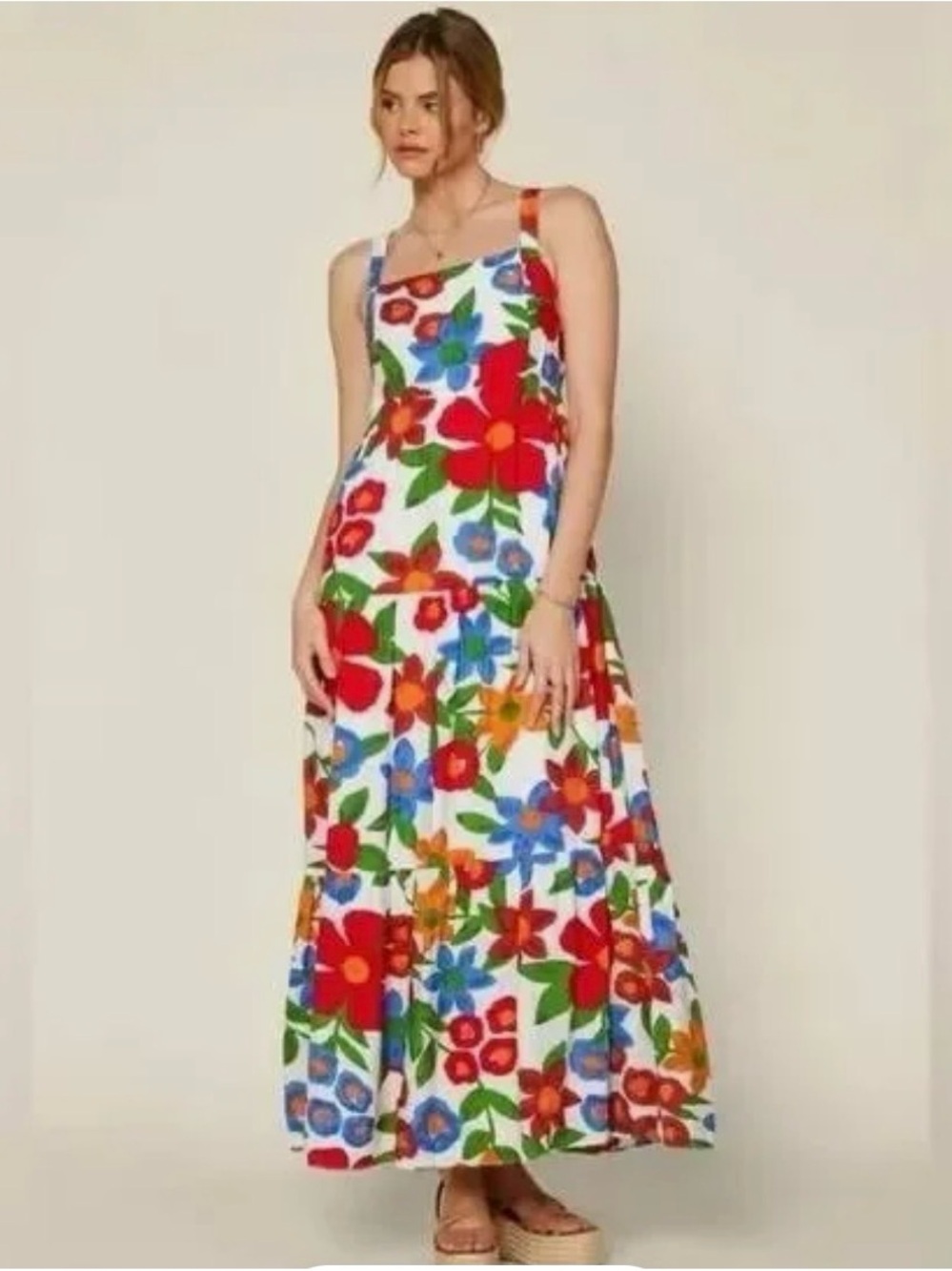 Floral Maxi Sundress in White with Red & Blue Flowers